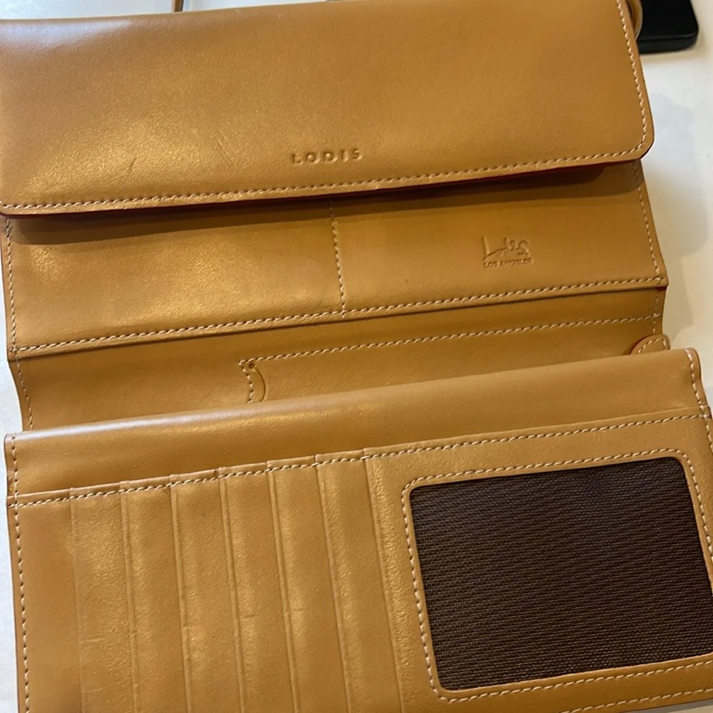 Lodis Audrey Leather Clutch Wallet VTG Tan Crossbody, Fold-Over Flap Checkbook